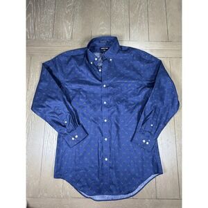 Lands End Button up Mens 15.5 32 Blue Holly Print Tailored Fit No Iron Christmas